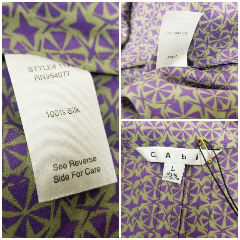 VINTAGE CAbi Printed Silk Tunic Blouse Purple Grey - Picture 6 of 7